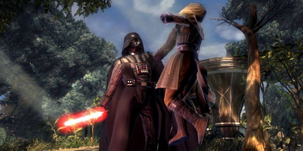 Darth Vader holds a victim in the air in Star Wars The Force Unleashed.
