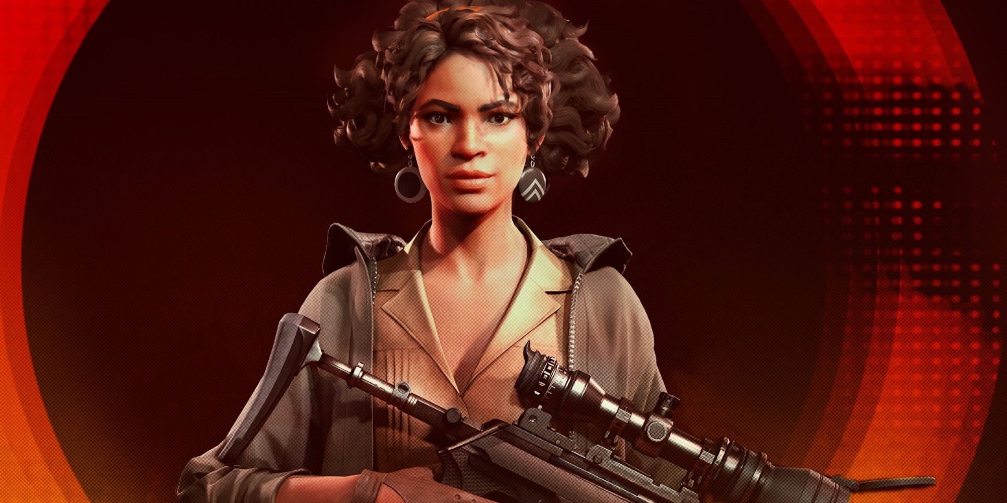 Julianna from Deathloop stares into the camera while holding a sniper rifle
