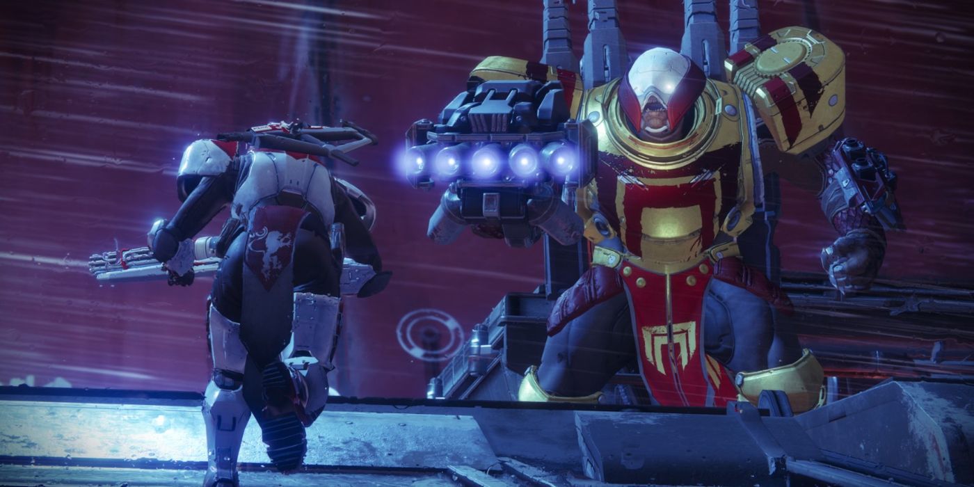A Titan Guardian facing a giant Red Legion Cabal enemy in Destiny 2.