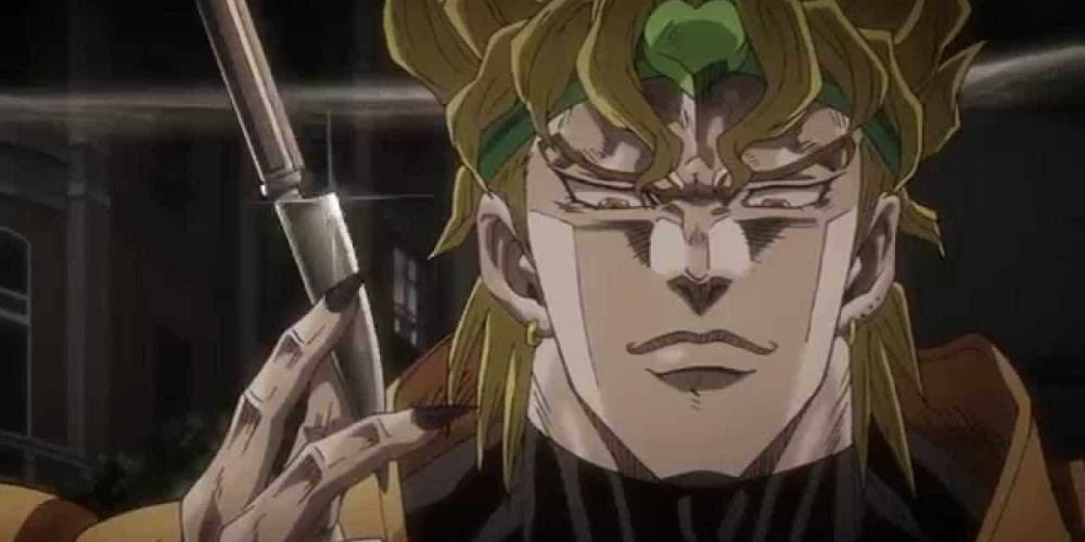 Dio Brando from JoJo's Bizarre Adventure staring menacingly with a knife.