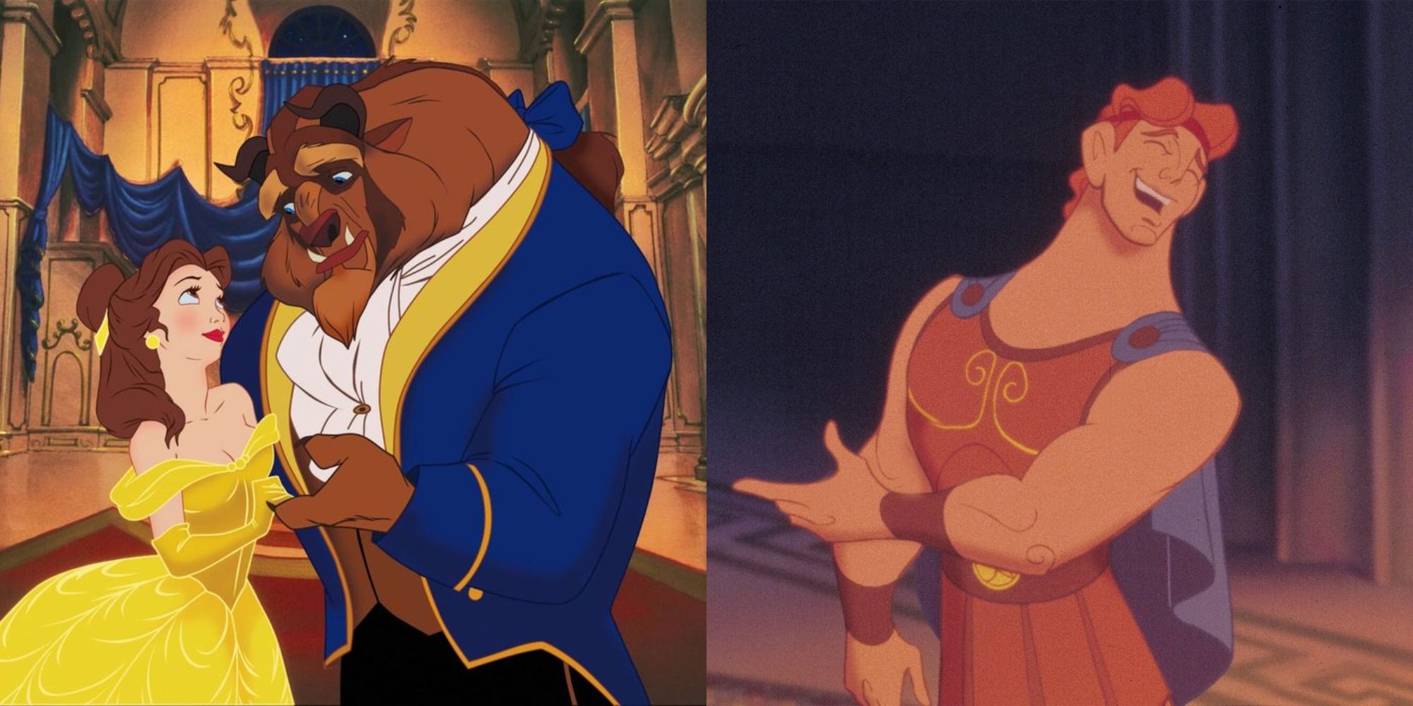 Two side by side images of Beauty and the Beast and Hercules from Disney animated films.