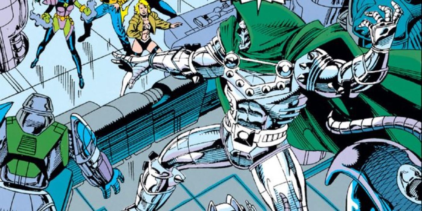 Doctor Doom battles the Fantastic Four in power absorbing armor from Fantastic Four 375 comic.