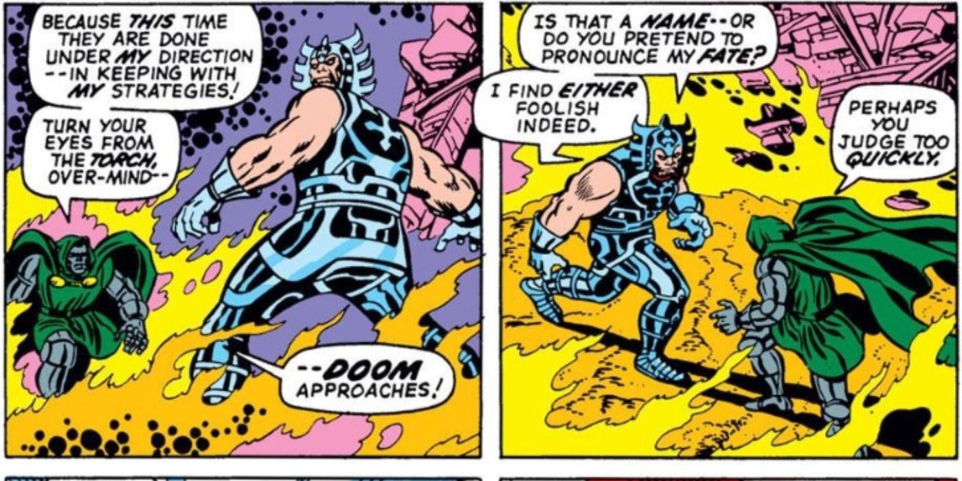 Doctor Doom fights the Overmind in Marvel Comics.