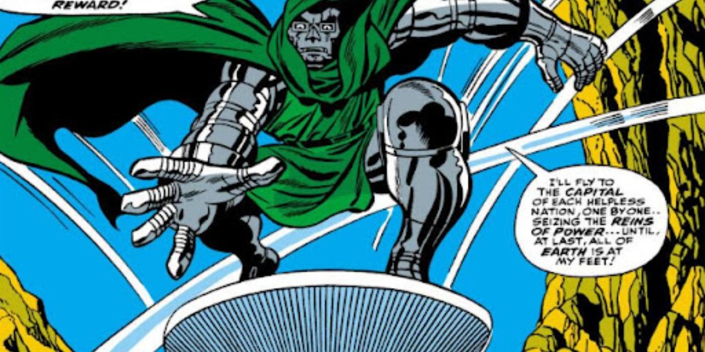 Doctor Doom rides the Silver Surfer's surfboard in Marvel Comics.