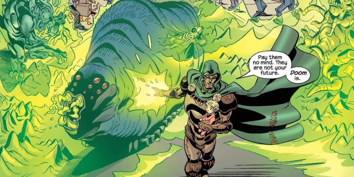 Doctor Doom uses magic to protect Valeria from creatures in Marvel Comics.