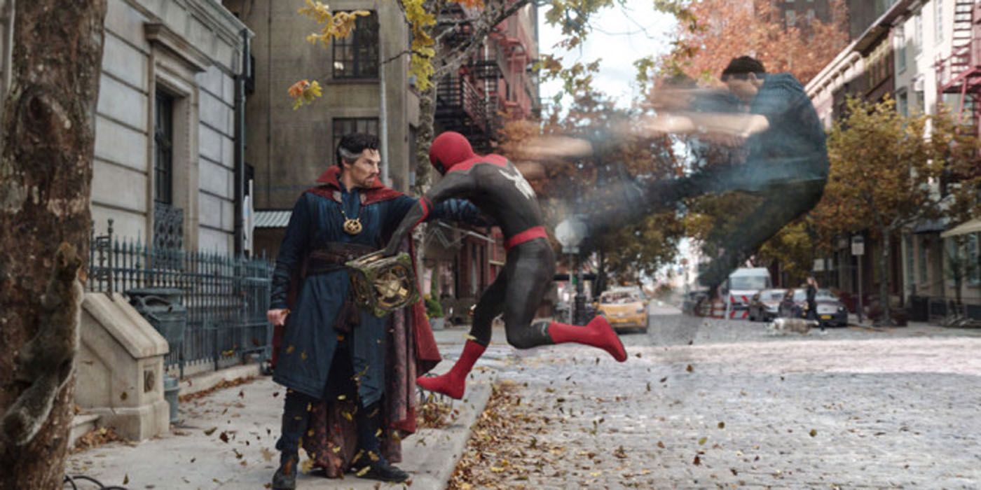 Doctor Strange blasting Spider-Man in Spider-Man No Way Home.