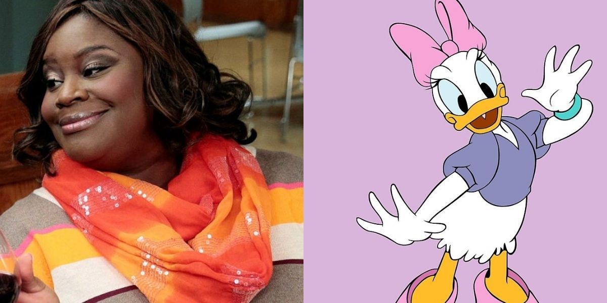 Split Image: Donna from Parks and Rec looking off camera and Daisy Duck