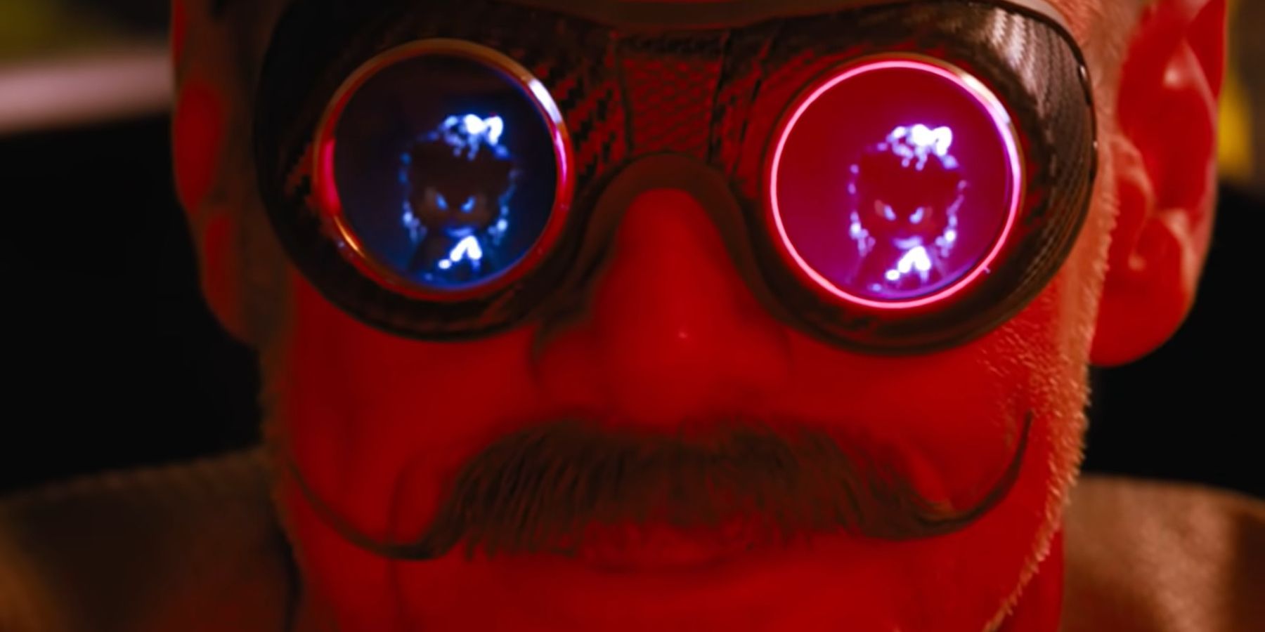 Dr. Robotnik glaring at Sonic with Sonic's reflection in the goggles in Sonic The Hedgehog