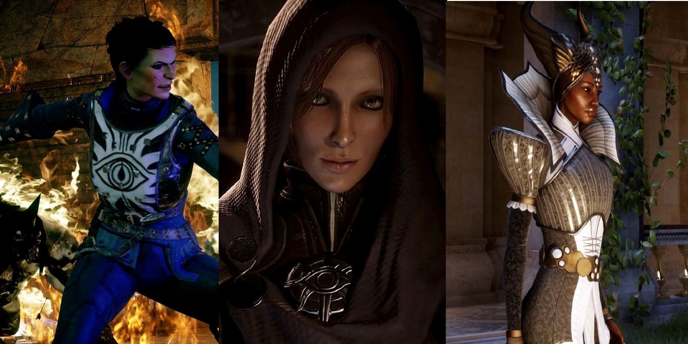 Split image showing Cassandra, Leliana, and Vivienne in Dragon Age: Inquisition.
