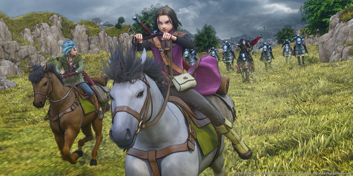 Dragon Quest XI characters riding horseback.