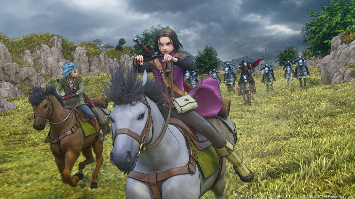 Characters riding horseback in the RPG Dragon Quest XI.