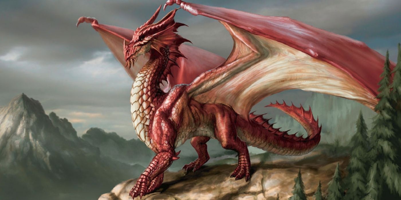 A red dragon atop a mountain in D&D