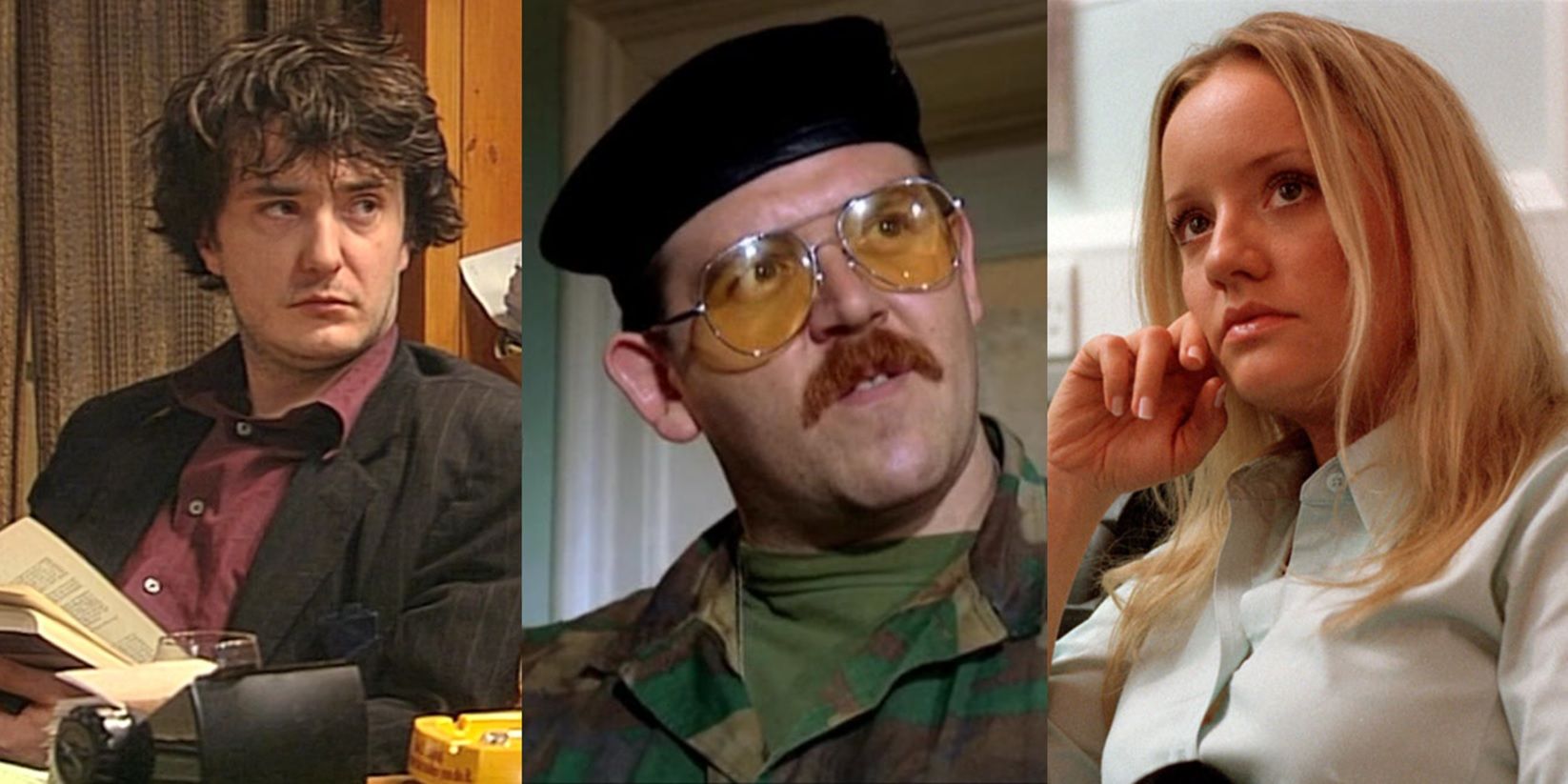 Dylan Moran in Black Books, Nick Frost in Spaced, and Lucy Davis in The Office