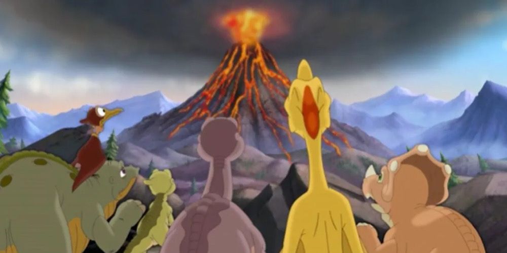 The dinosaurs stare at an erupting volcano in The Land Before Time XIV: Journey Of The Brave