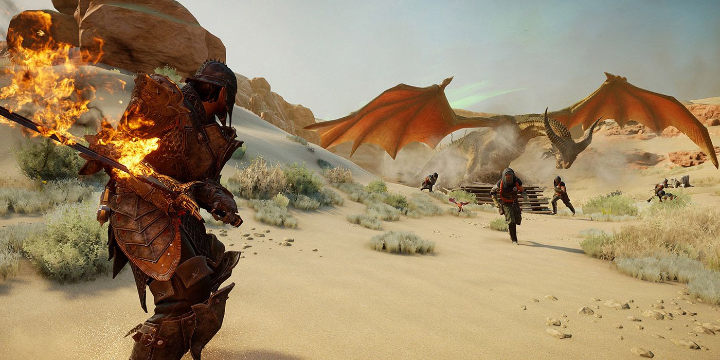 A warrior prepares to fight a giant demon in Dragon Age: Inquisition