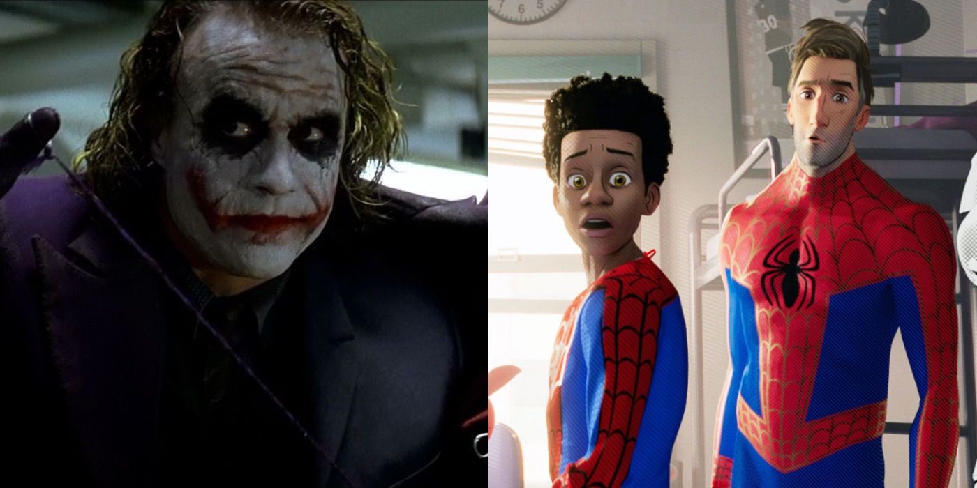 Split image of the Joker in The Dark Knight and Miles Morales in Spider-Man: Into The Spider-Verse
