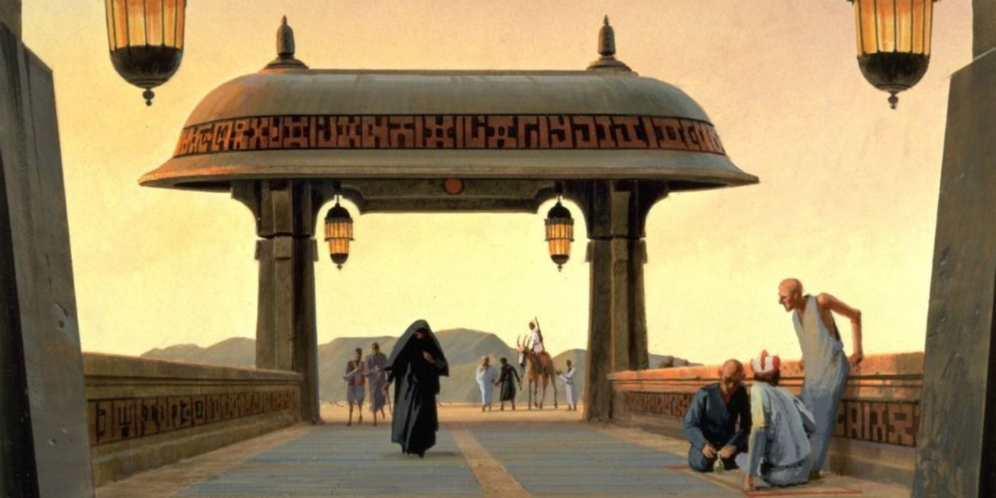 Early Ralph McQuarrie concept art of Jabba's Palace later used for Teth in The Clone Wars movie