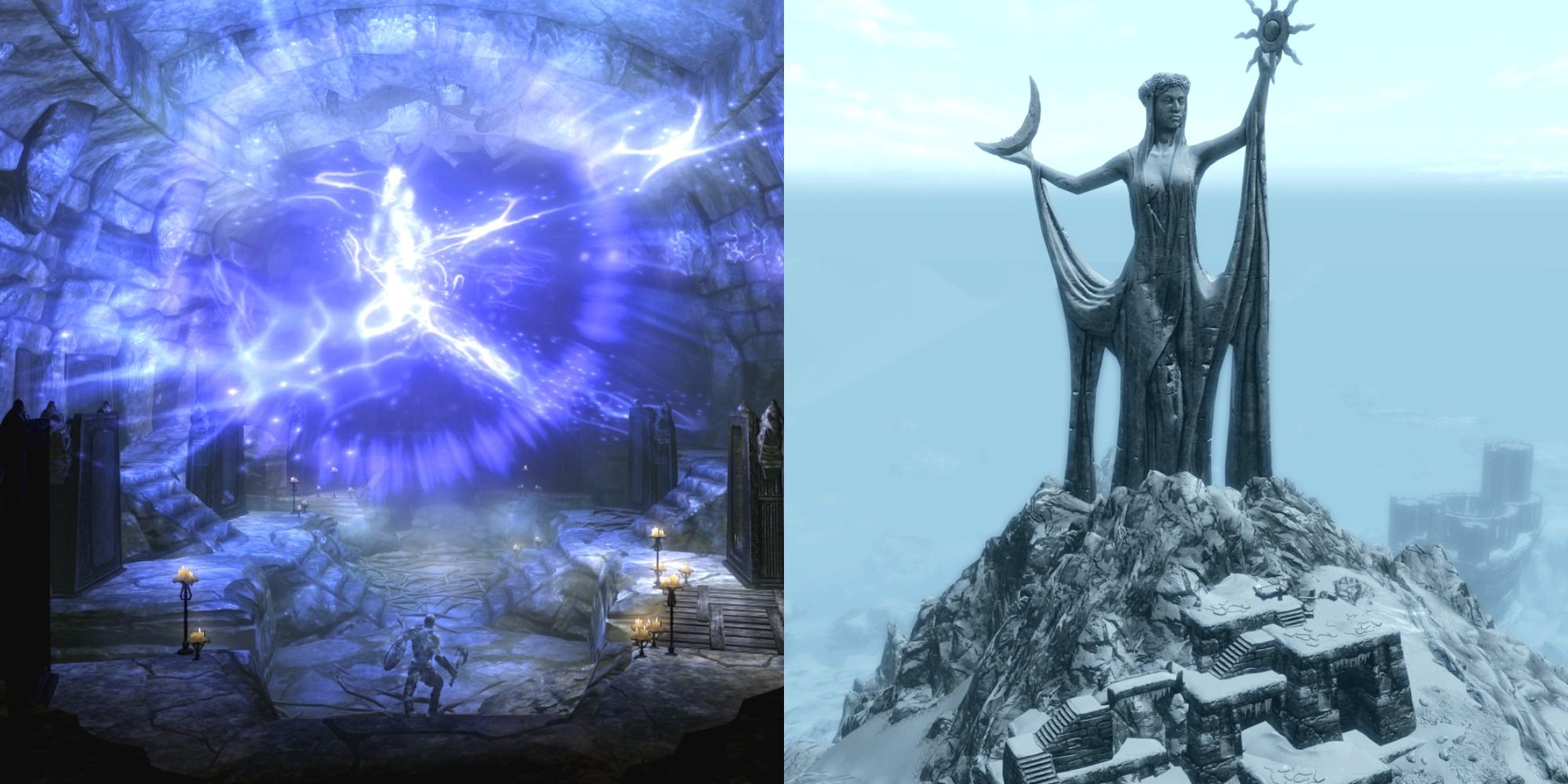 Split image showing an explosion of blue power and a statue in Elder Scrolls: Skyrim