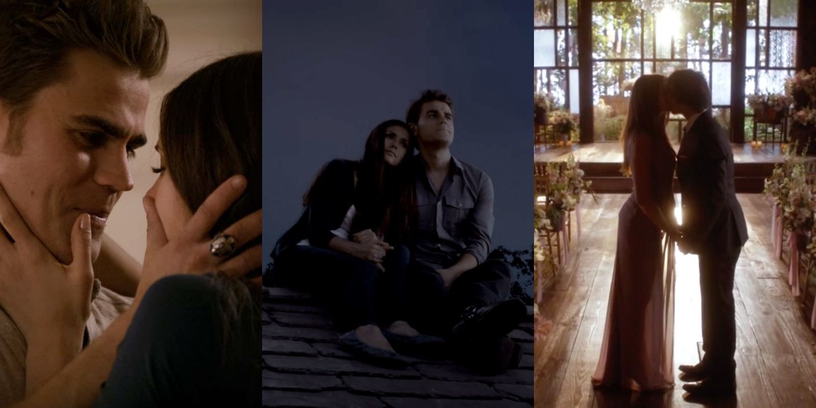 Split image of Elena with Damon and Stefan in The Vampire Diaries.