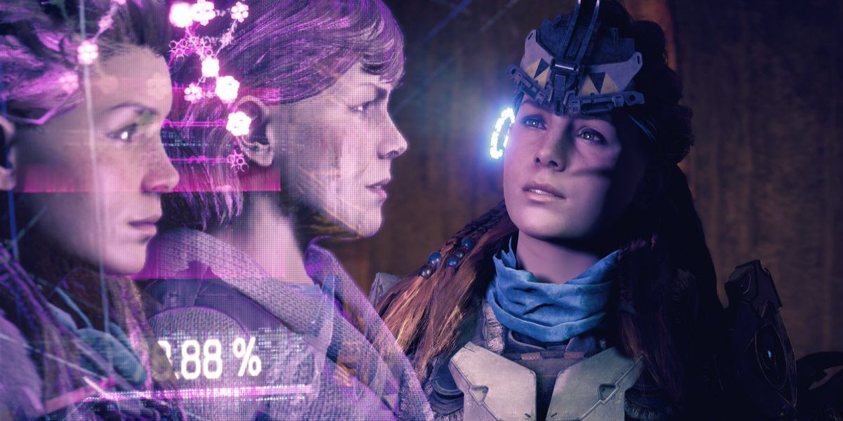 Aloy looks at a holographic projection of herself and Elisabet in Horizon Zero Dawn.