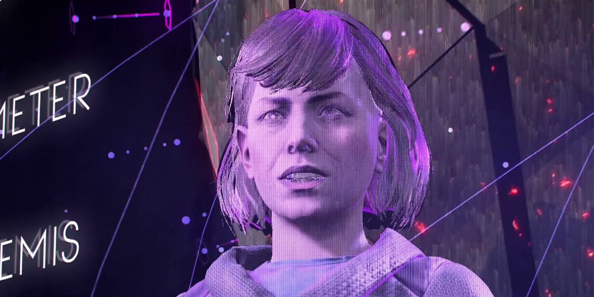 A purple holographic projection of Elisabet in the video game Horizon Zero Dawn.