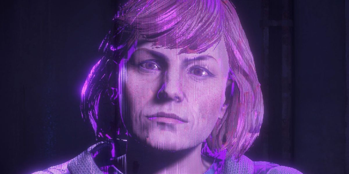 A purple holographic projection of Elisabet in the video game Horizon Zero Dawn.