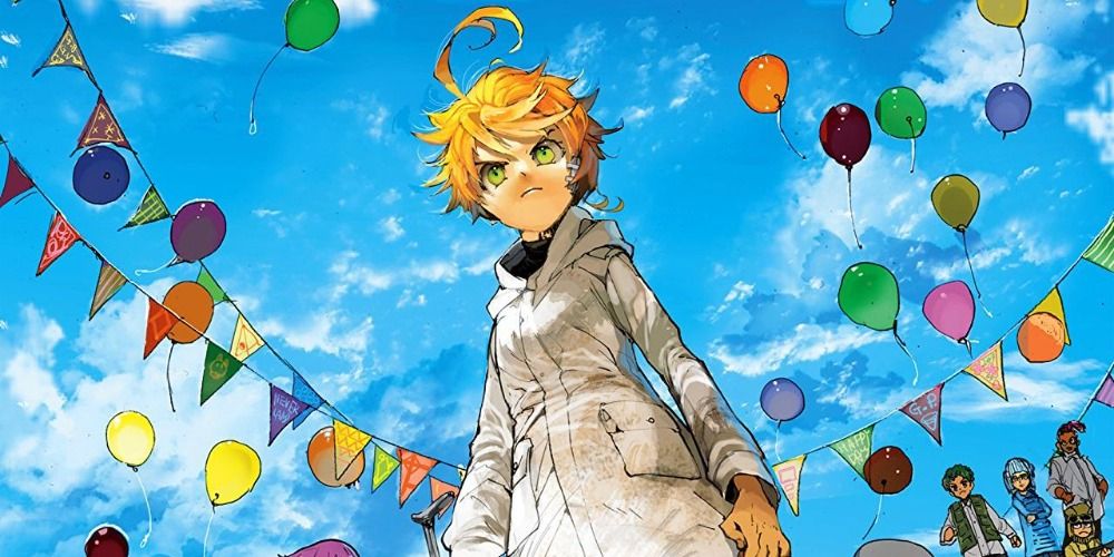 Emma stood beneath a blue sky and loads of colorful balloons in The Promised Neverland manga
