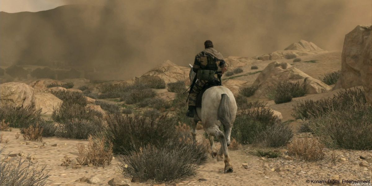 Big Boss riding a horse in Metal Gear Solid V.