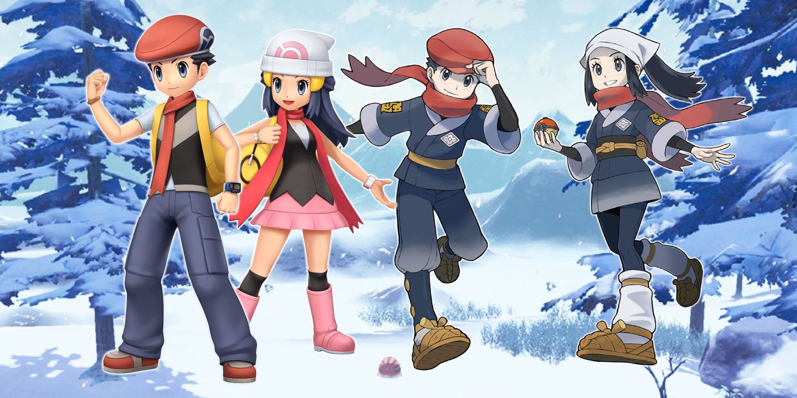 The Brilliant Diamond and Shining Pearl Protagonists next to the Trainers from Pokemon Legends: Arceus