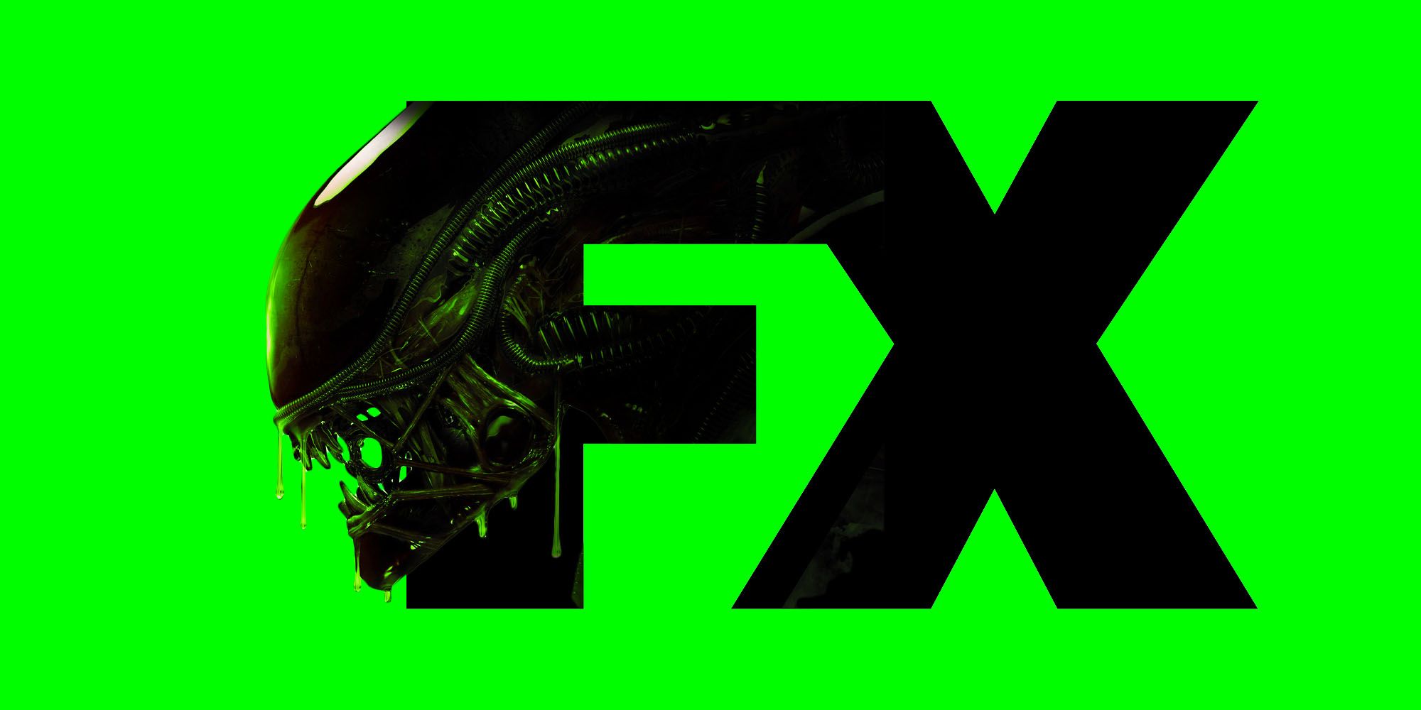 An edited image of a Xenomorph popping out of the FX logo in front of a green background