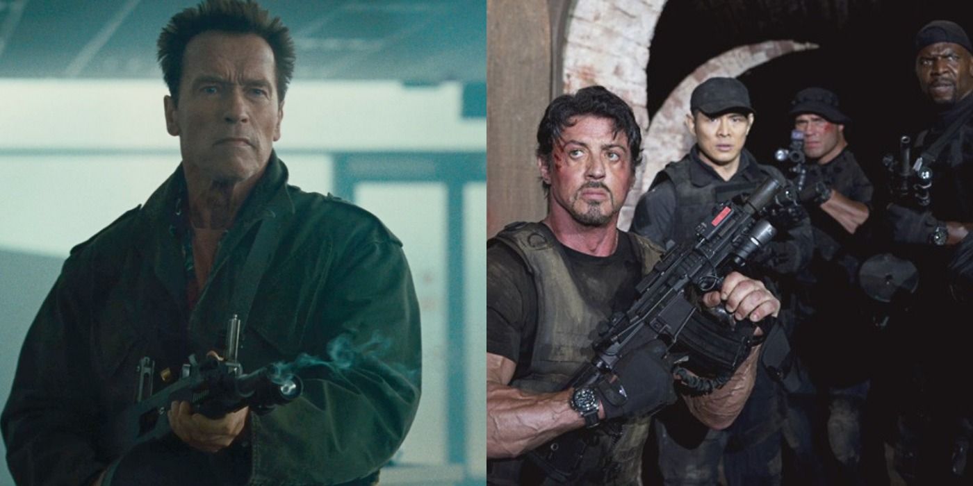 Split image Arnold Schwarzenegger and Sylvester Stallone in The Expendables
