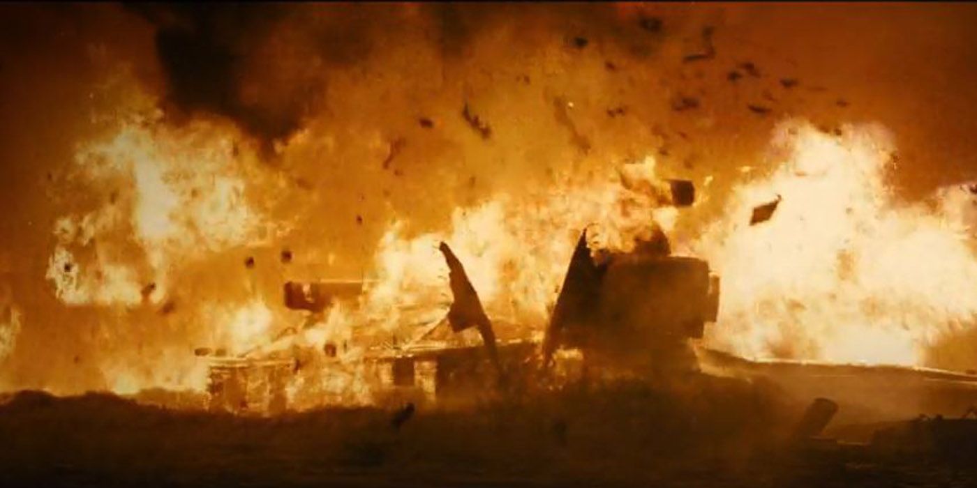 Explosions in The Suicide Squad beach attack scene.