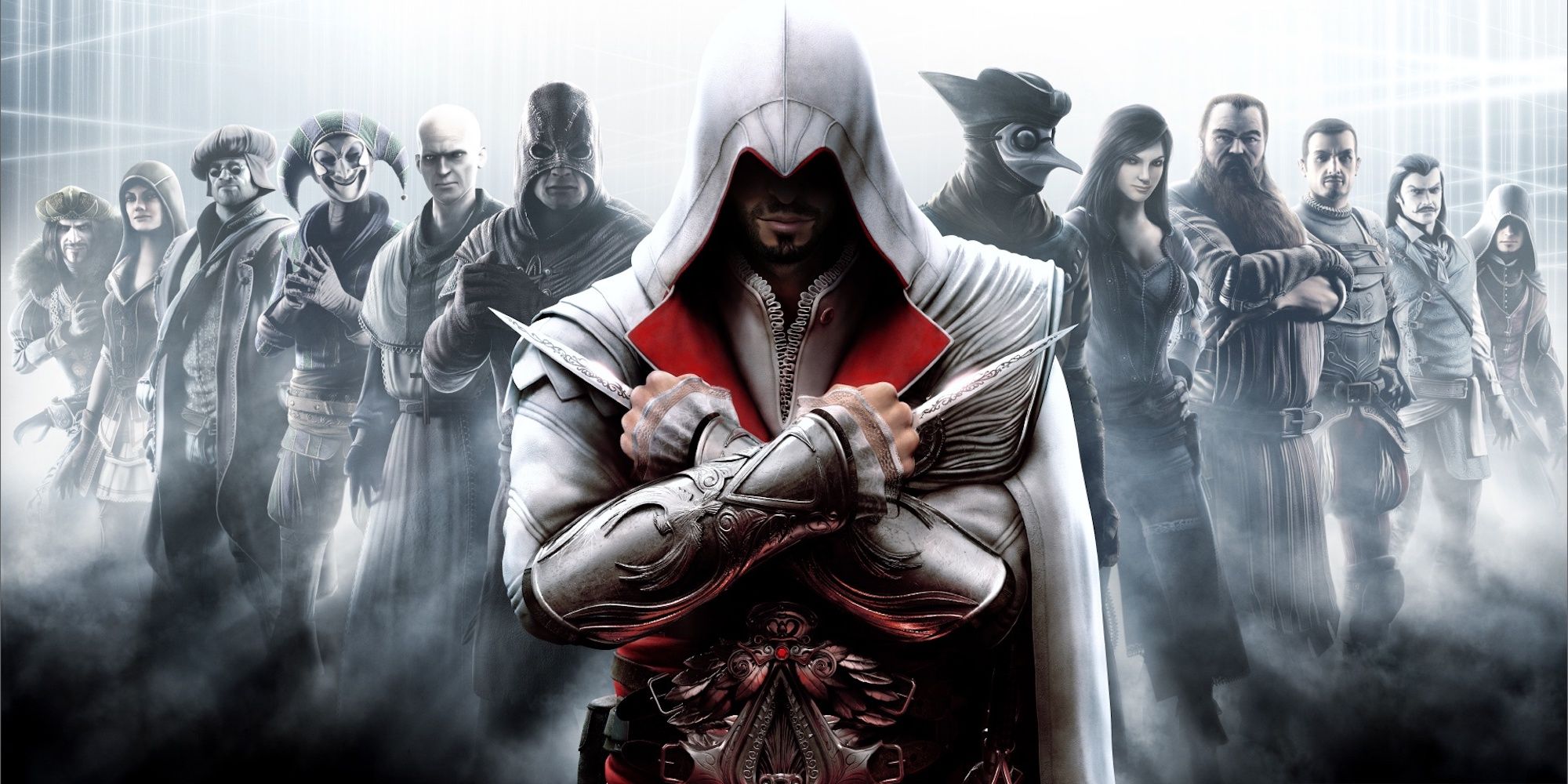 Ezio stands in front of other assassins in Assassin’s Creed: Brotherhood