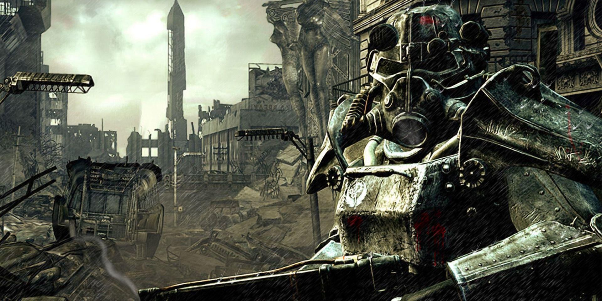 A character in Power Armor in the Capital Wasteland in Fallout 3.