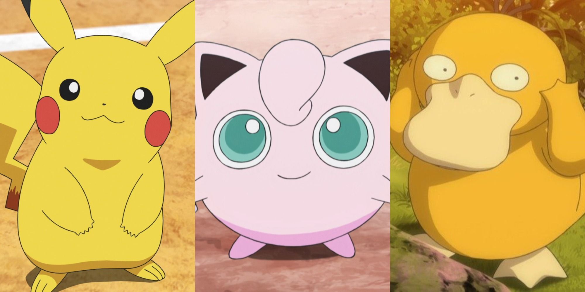 Split image showing Pikachu, Jigglypuff, and Psyduck in the Pokémon anime
