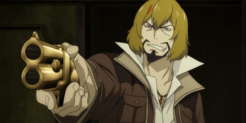 Fango from 91 Days smirking and holding a gun.