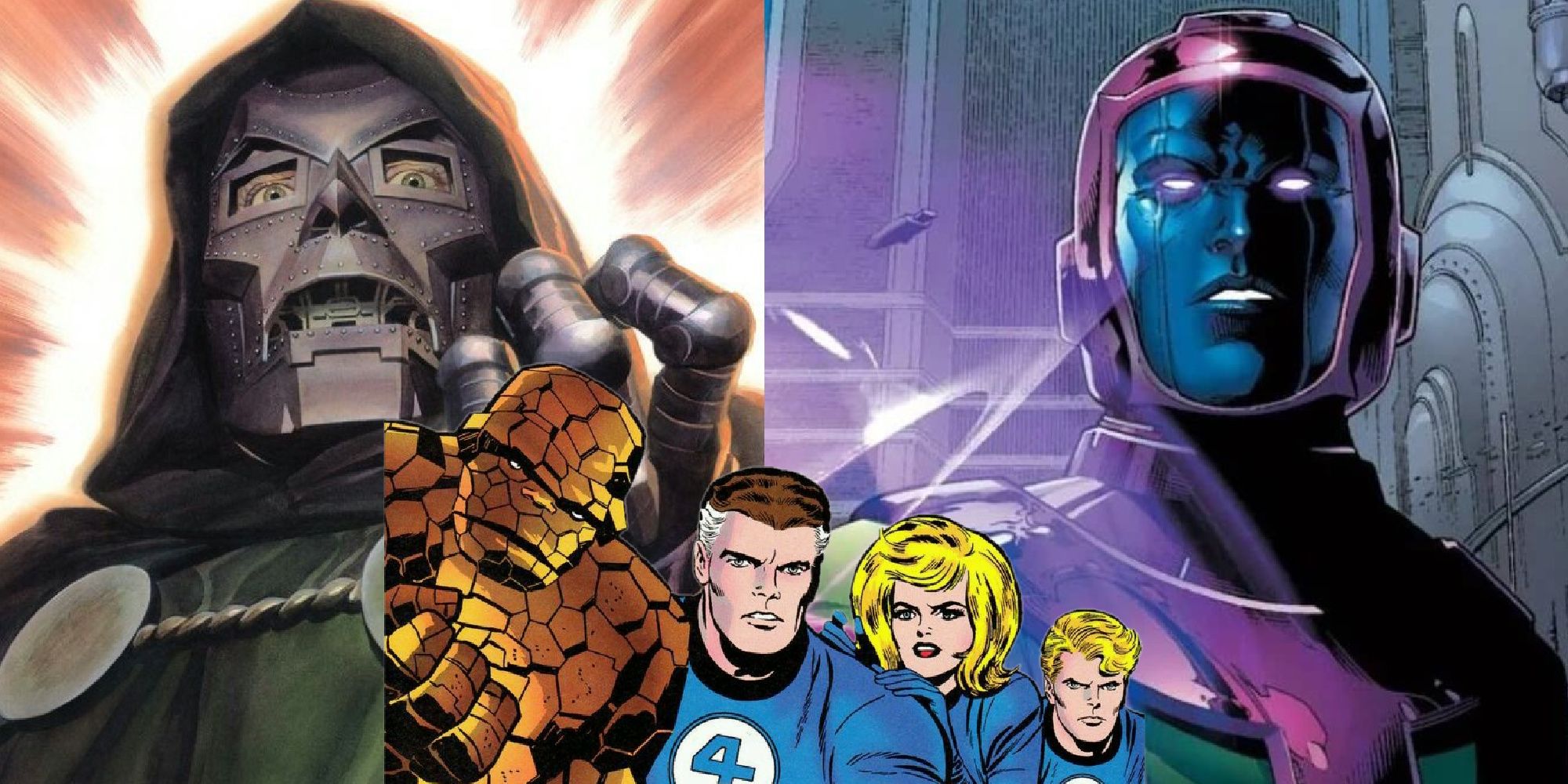 Split image of Doctor Doom and Kang The Conqueror from Marvel Comics with the Fantastic Four overlaid on them.