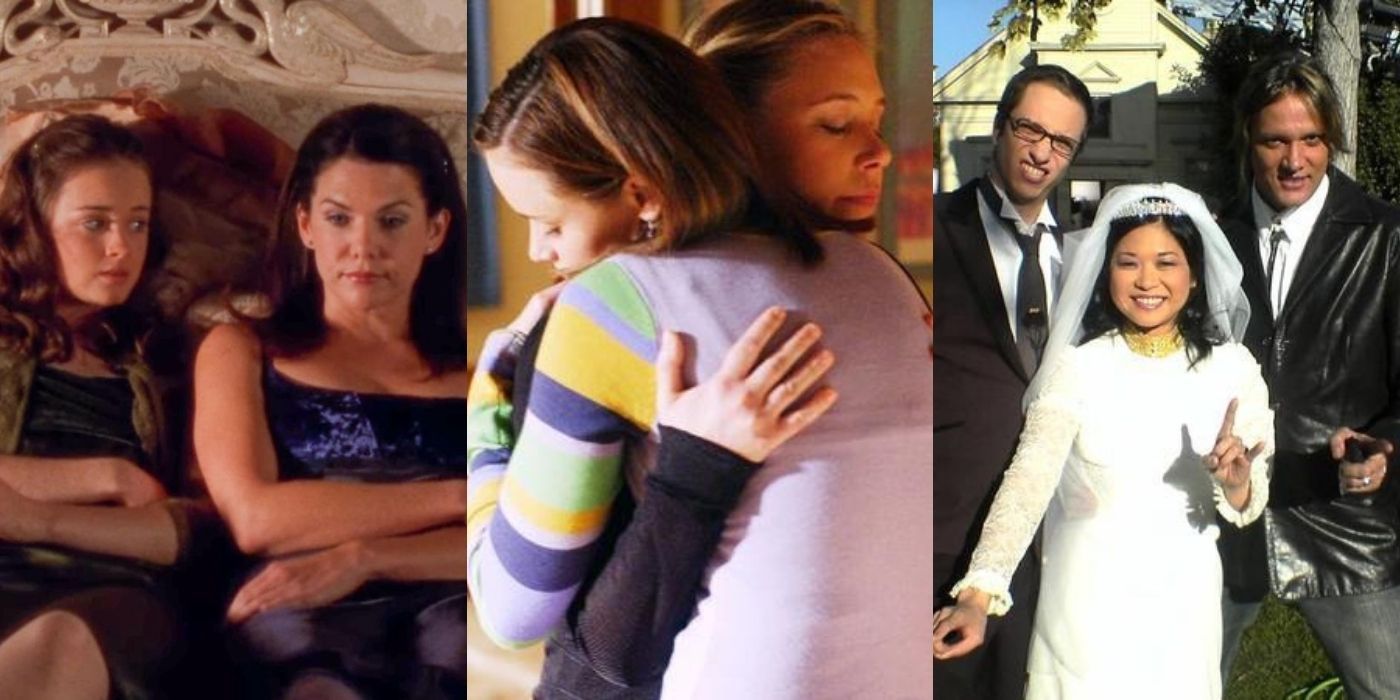 Lorelai and Rory, Hep Alien, and Paris and Rory in side by side images from Gilmore Girls.