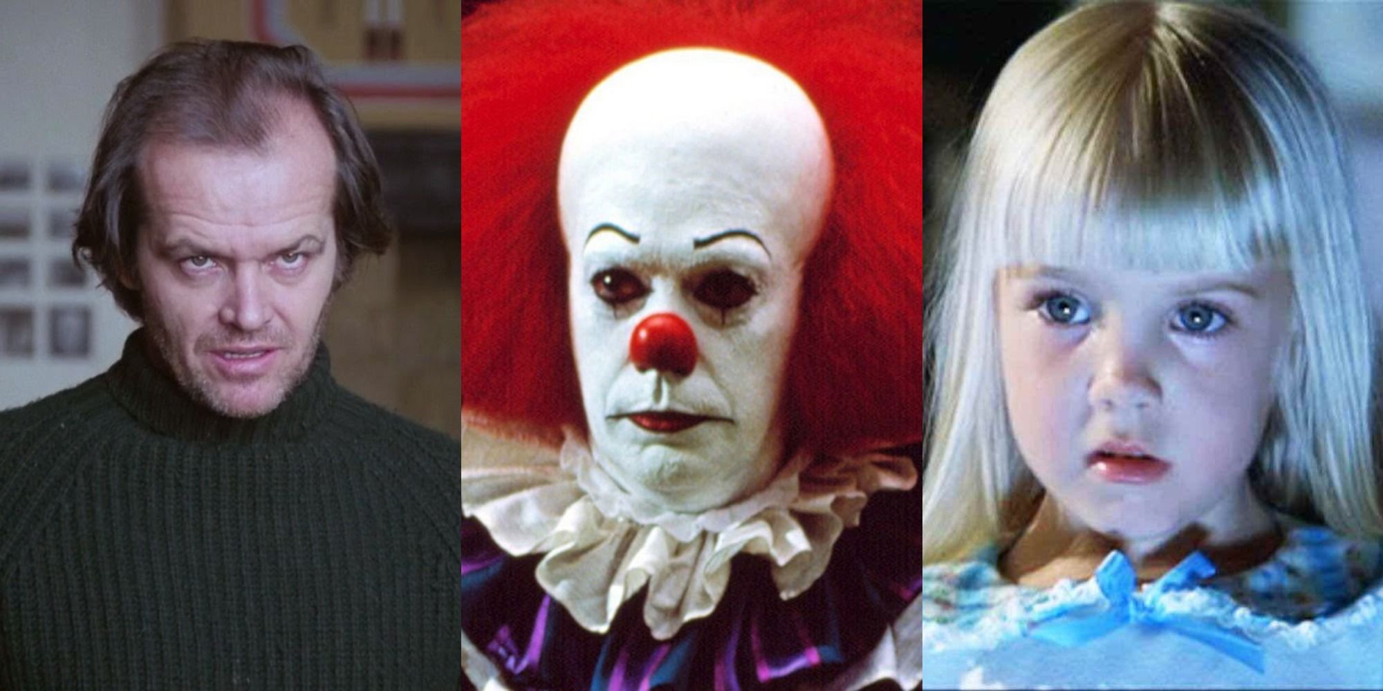 Three images side by side of Jack in The Shining, Pennywise in IT, and Carol Anne in Poltergeist, all looking at the camera