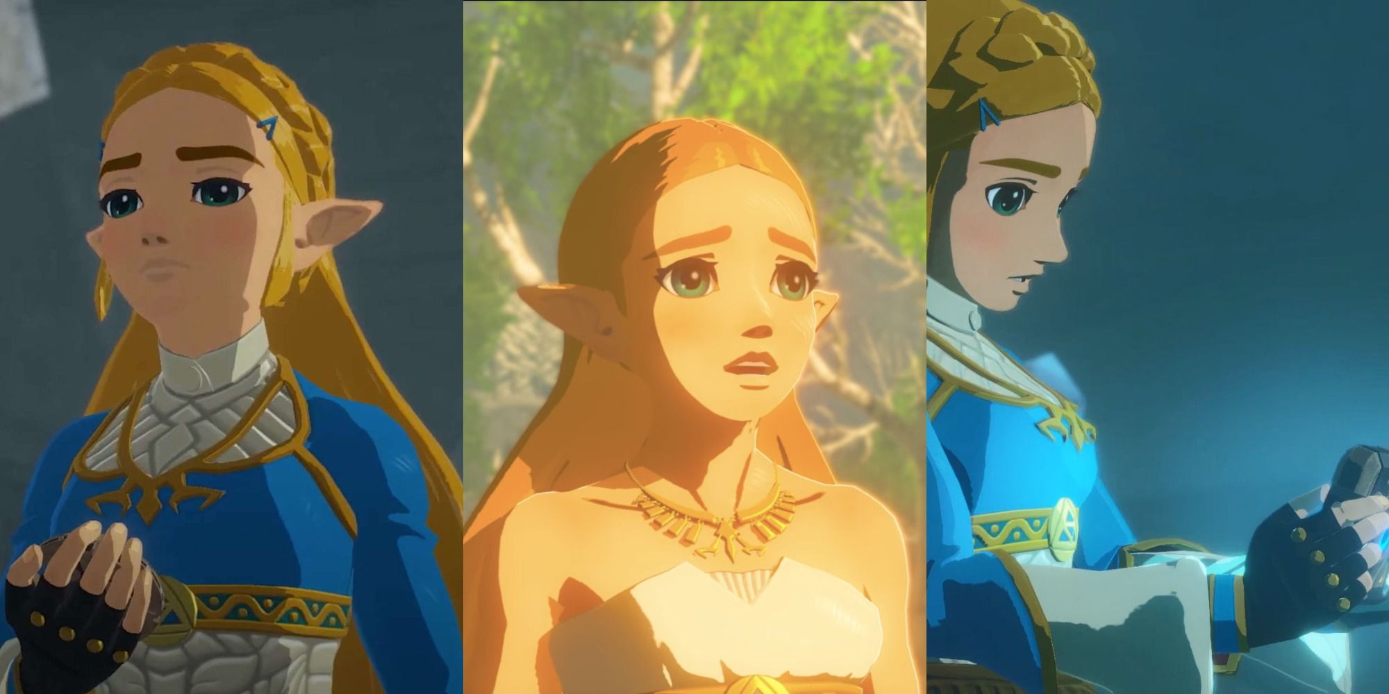 Three images side by side of Zelda in her regular outfit, in her ceremonial robes, and using the Sheikah Slate