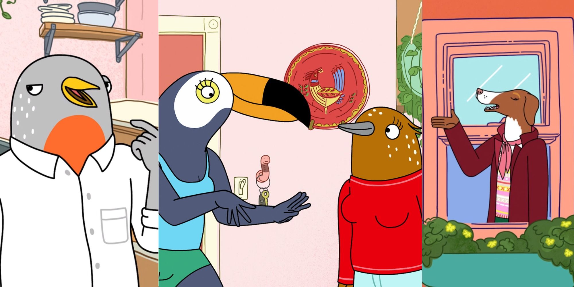 Three images side by side of Speckle, Tuca and Bertie, and Dapper Dog in Tuca and Bertie