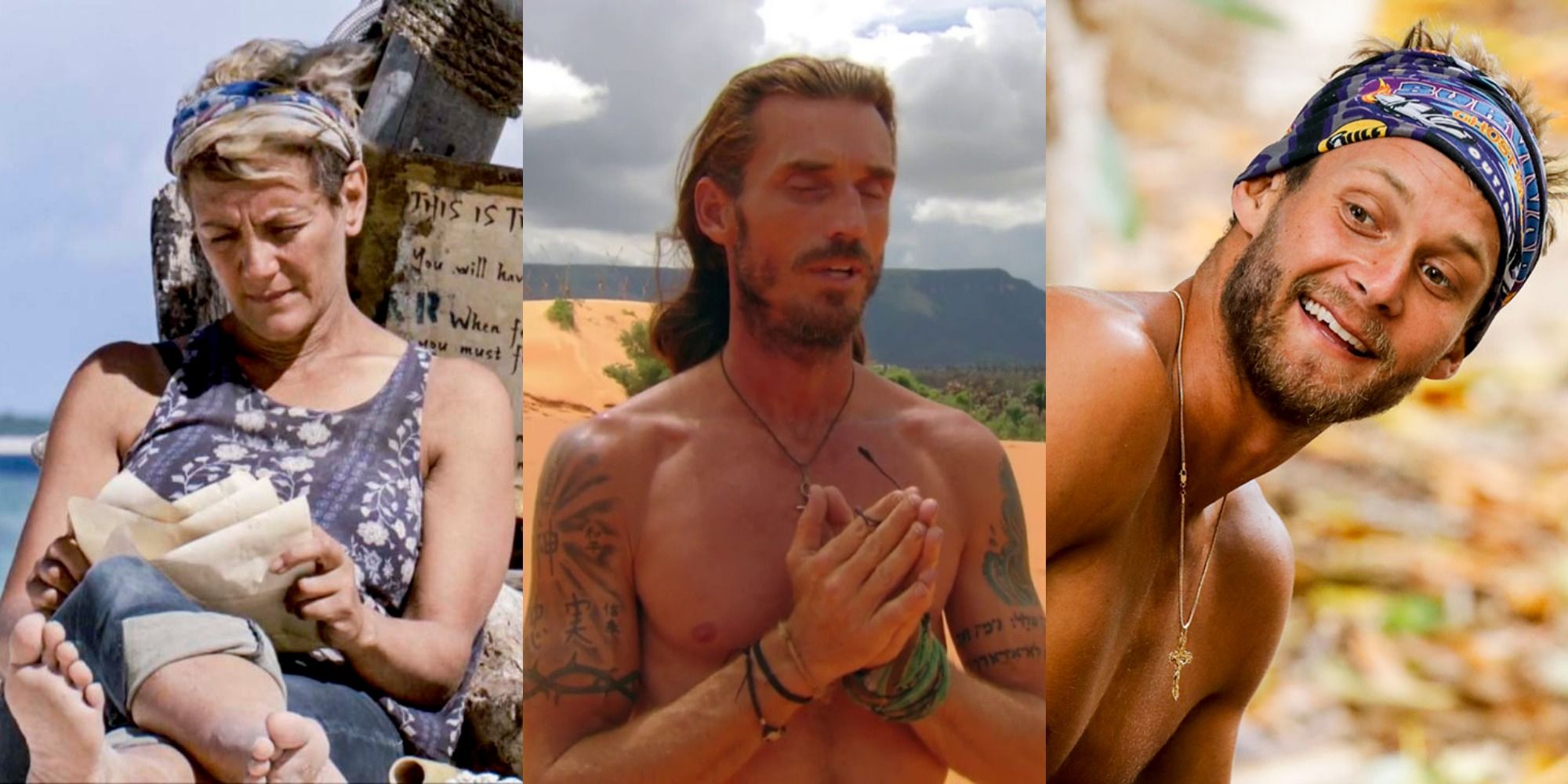 Three images side by side of Reem Daly, Coach Wade, and Chris Noble on Survivor
