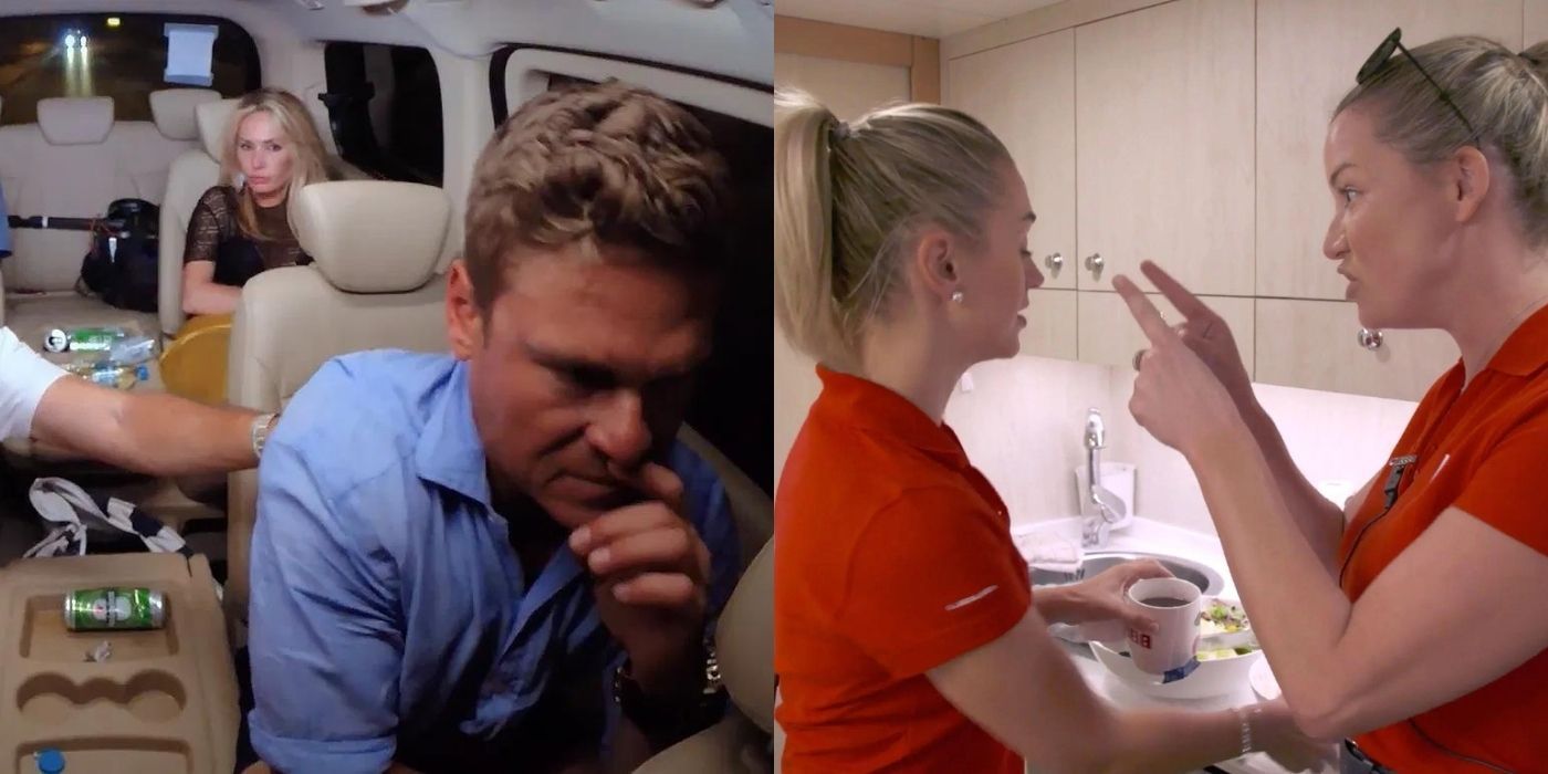 A split image of fights breaking out among the crew on Below Deck
