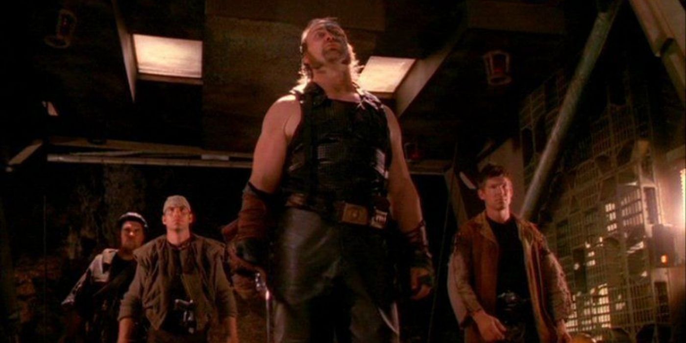 A group of henchmen arrive to face Mal in Firefly