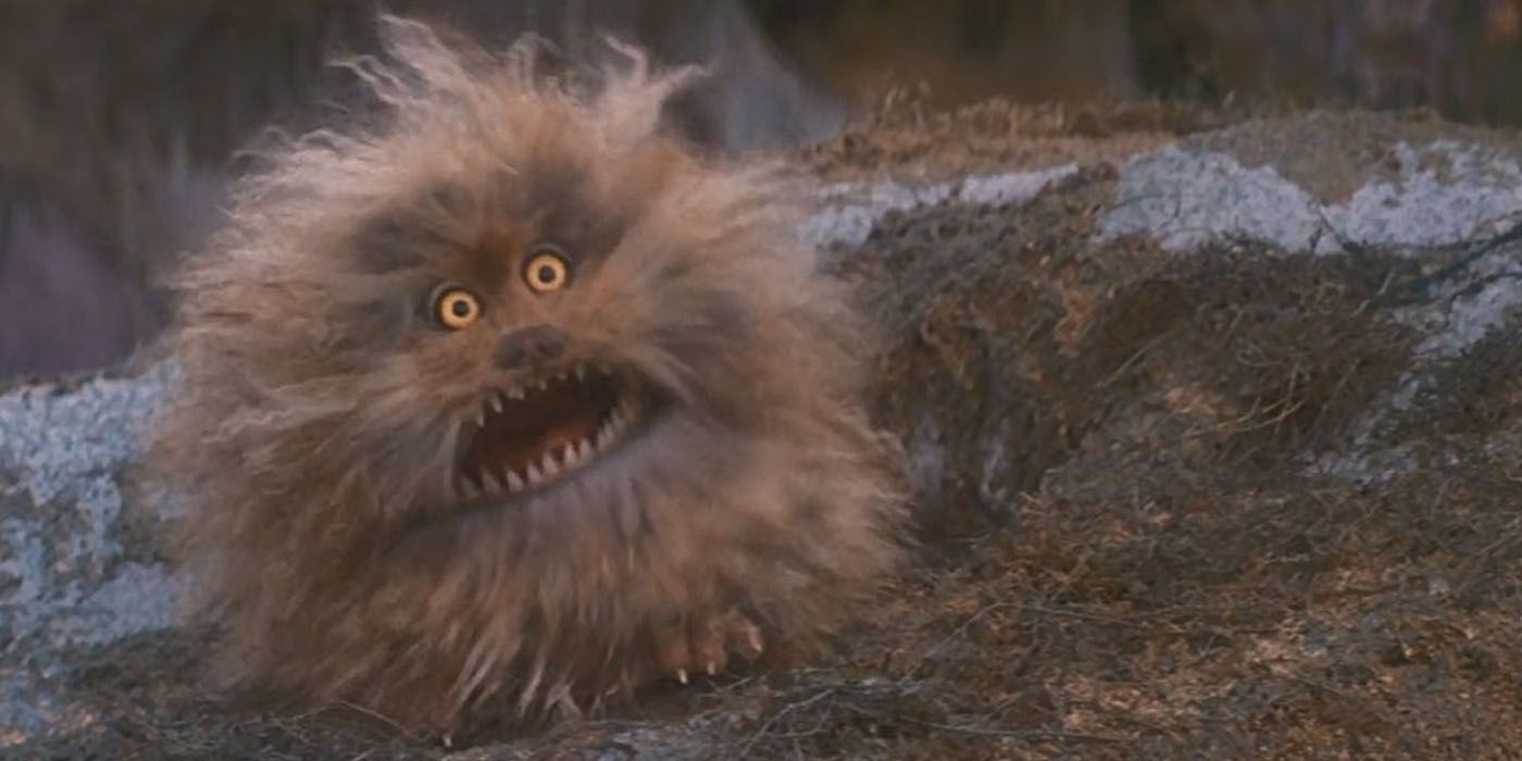Fizzgig in The Dark Crystal with his mouth open.