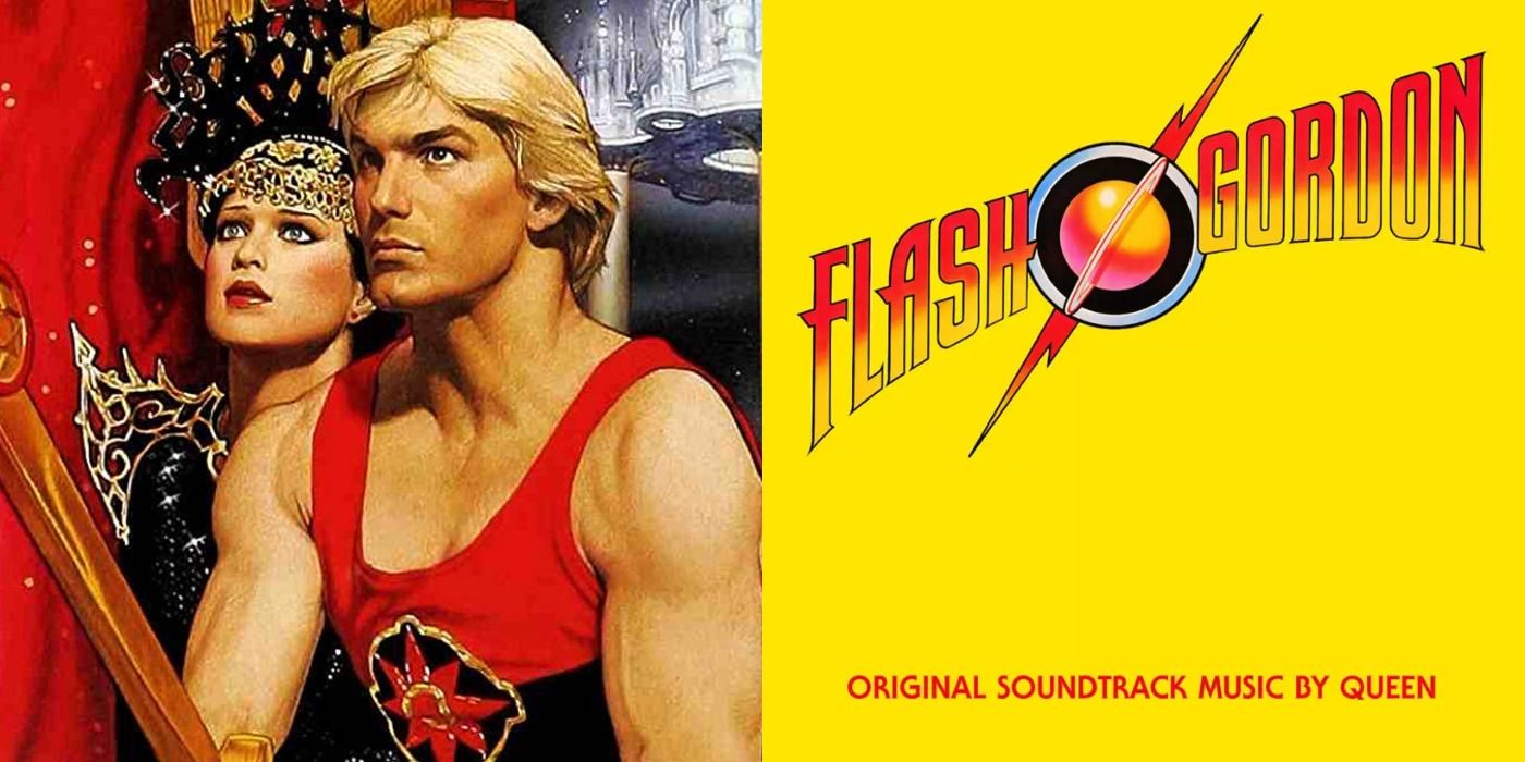 Split image showing Flash Gordon and Princess Aura and the soundtrack to the movie