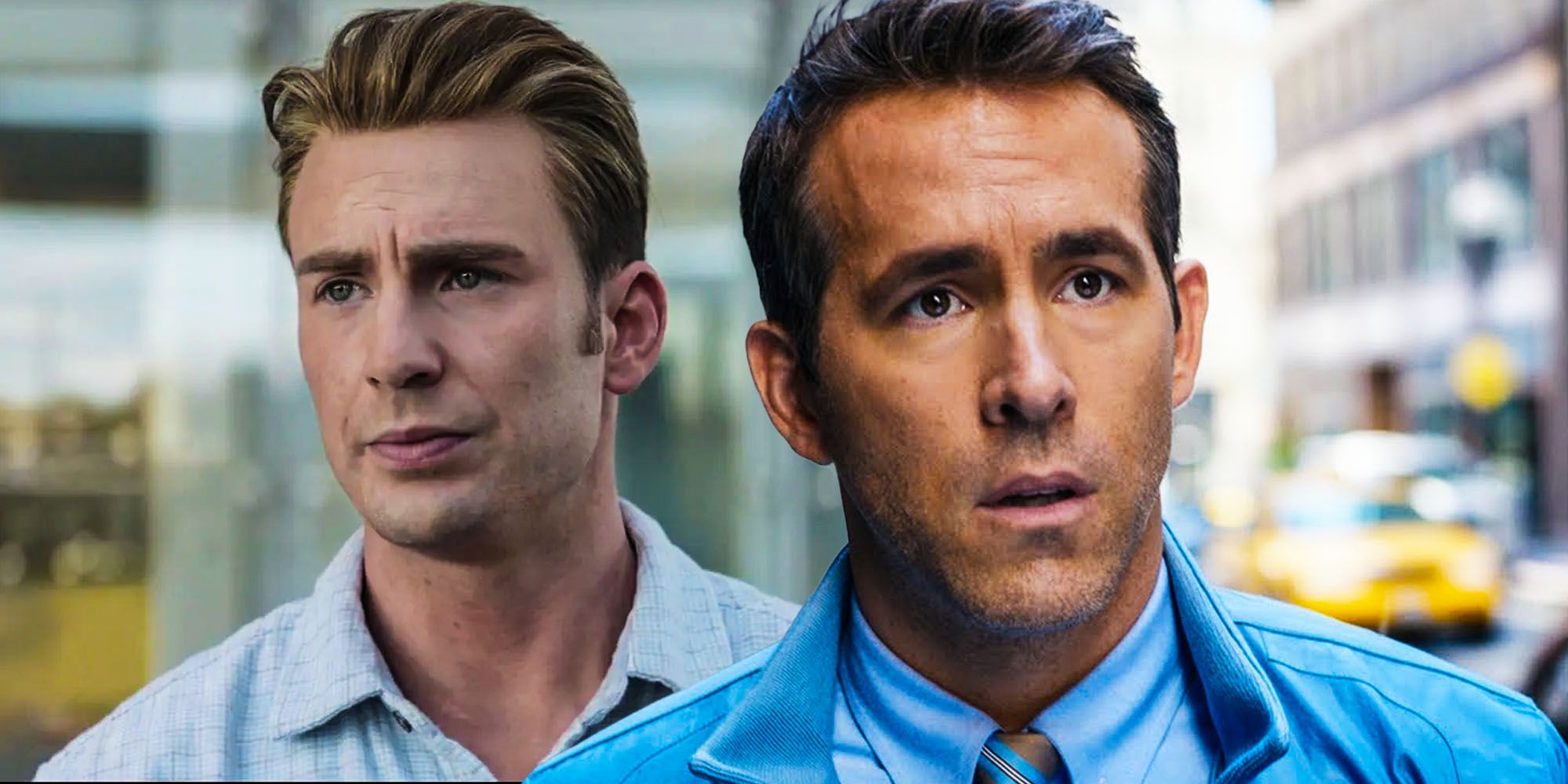 Split image of Chris Evans as Captain America and Ryan Reynolds as Guy
