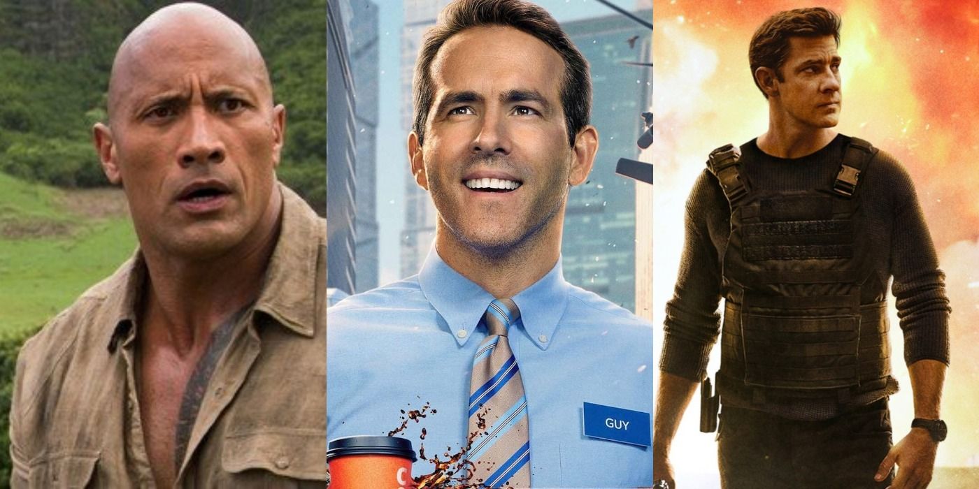 Split image: The Rock in Jumanji/ Guy smiles with a coffee in hand/ Jack Ryan walks in front of fire