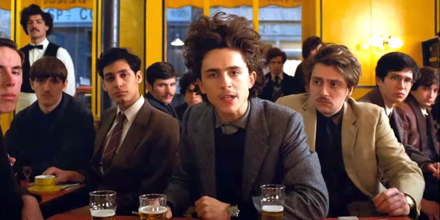 Timothée Chalamet with big hair in The French Dispatch trailer.
