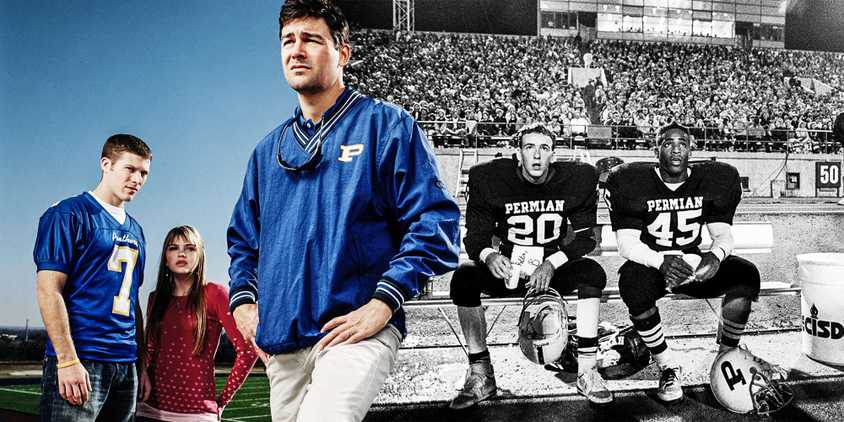Collage of characters from Friday Night Lights and players sitting on the bench from the real Permian Panthers